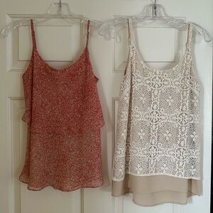 CAbi Layered Sleeveless Tank Top Bundle — Red Print & Cream Crochet Overlay